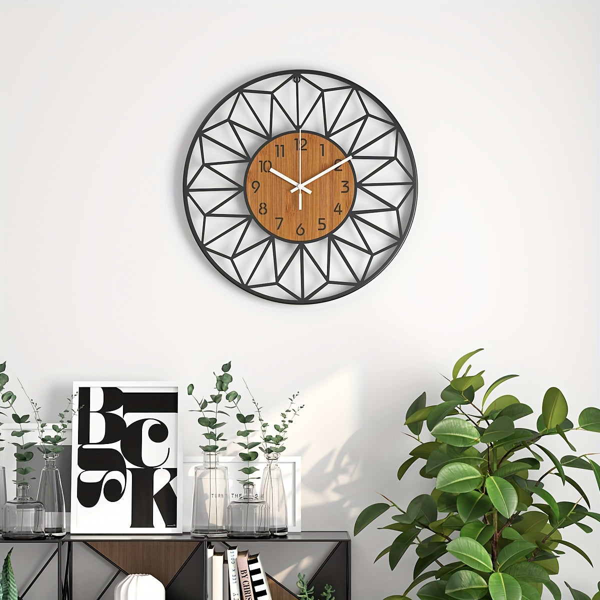 Reloj de Pared Moderno de Metal Negro con Centro de Madera