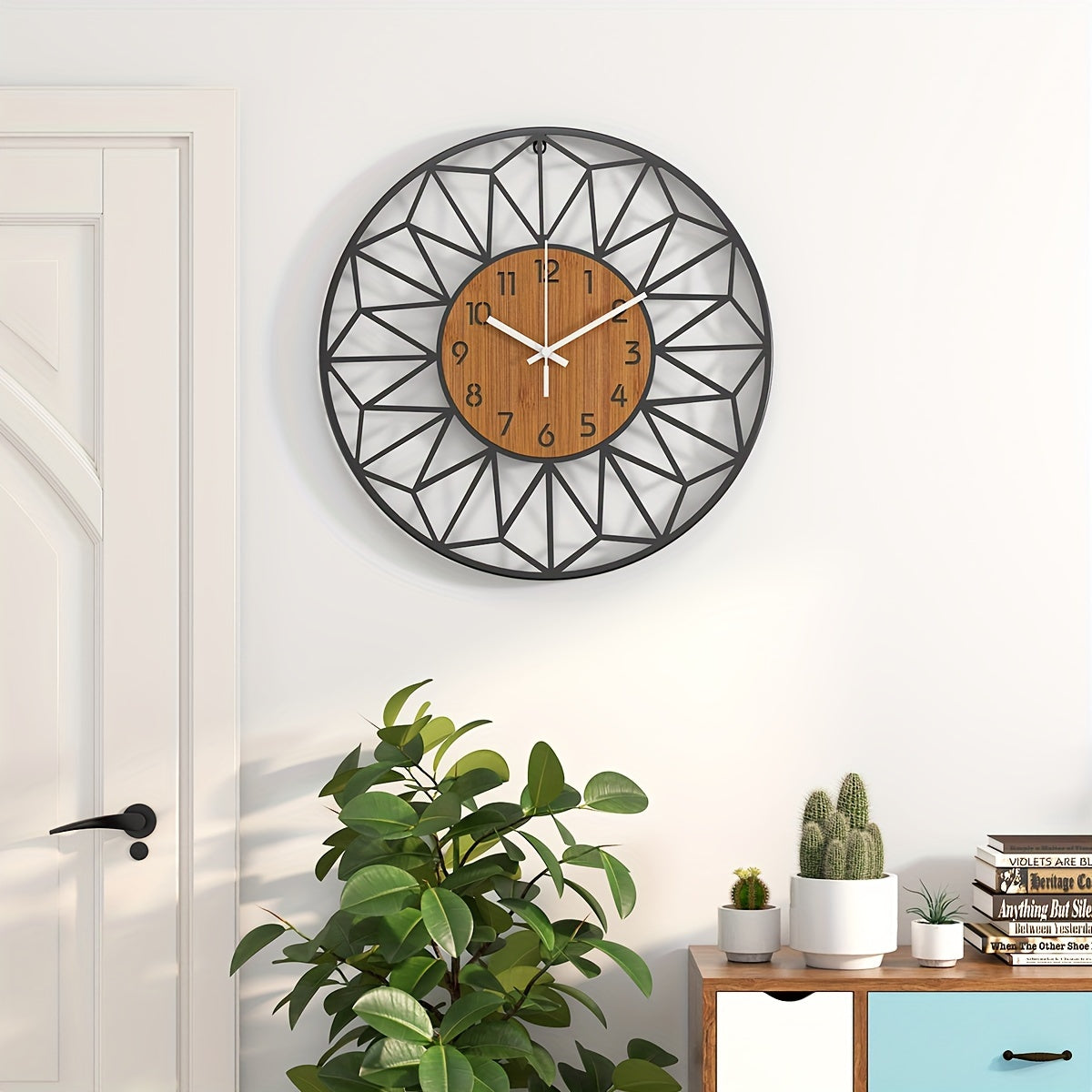 Reloj de Pared Moderno de Metal Negro con Centro de Madera