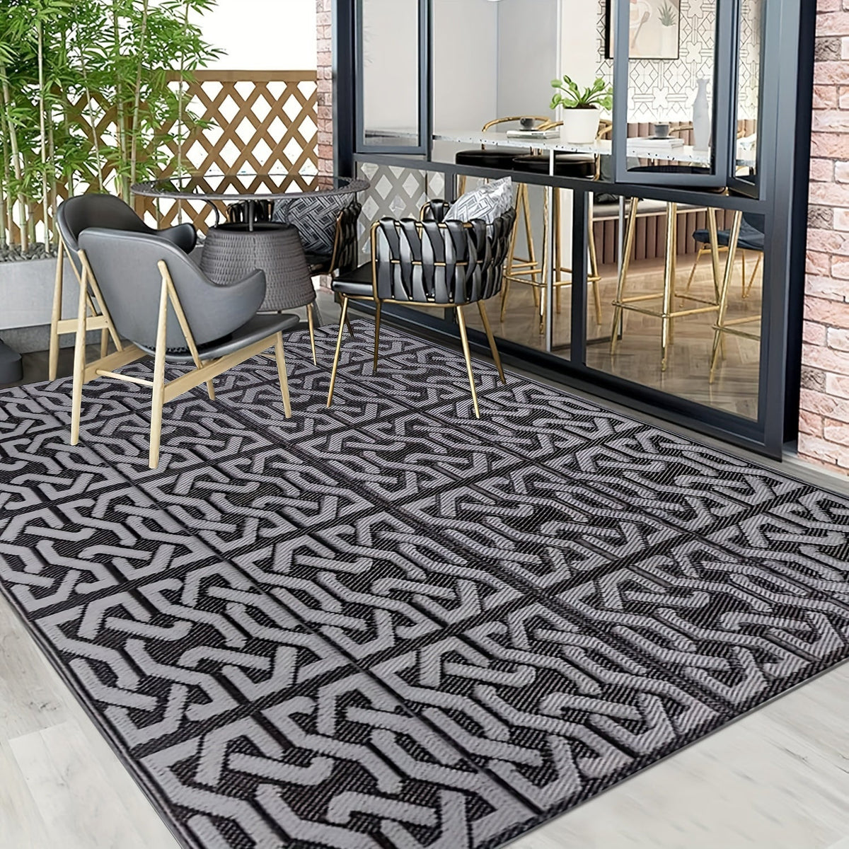 Alfombra de Exterior Reversible Geométrica Negra y Gris