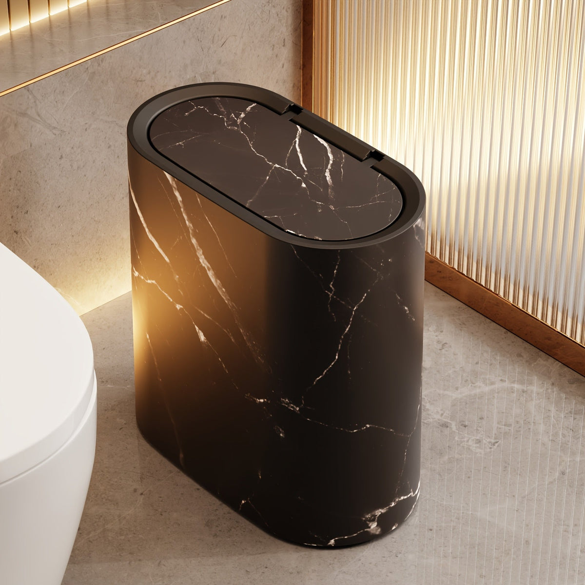 Papelera Ovalada con Tapa Efecto Mármol para Baño y Cocina
