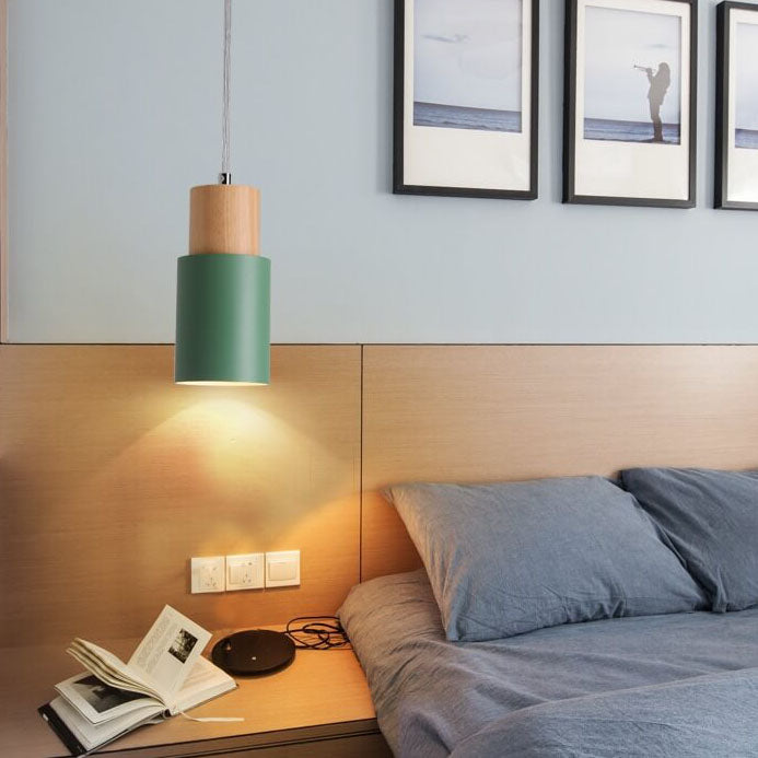 Lámpara Colgante Macaron Cilíndrica LED de Aluminio y Madera