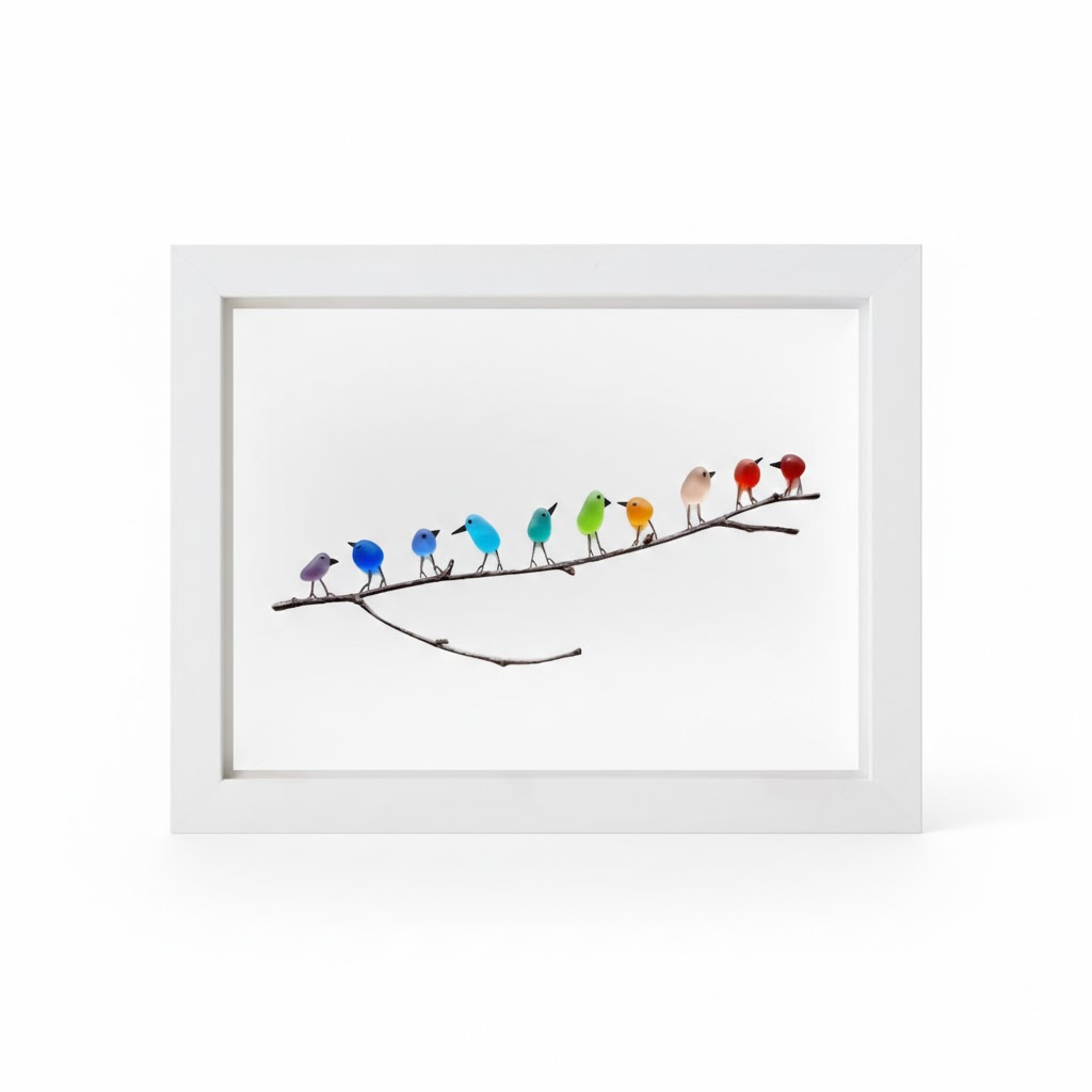 Cuadro Costero de Pájaros de Vidrio Marino y Madera Flotante