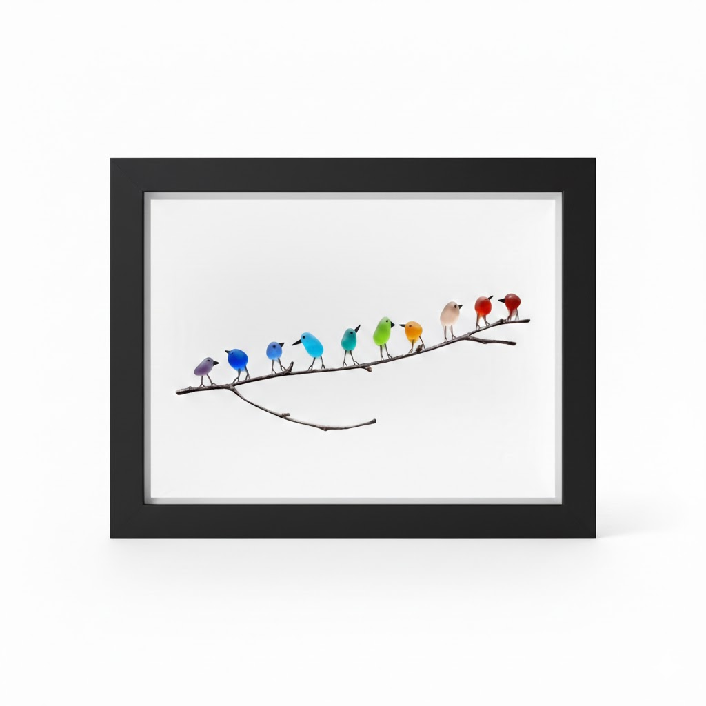 Cuadro Costero de Pájaros de Vidrio Marino y Madera Flotante