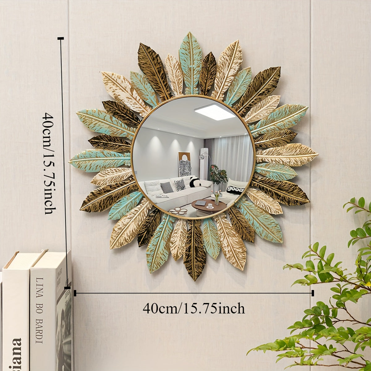 Espejo de Pared Boho Sol de Hojas Metálicas Verde y Dorado