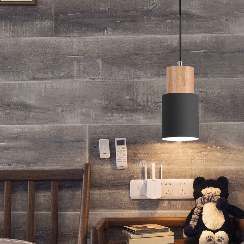 Lámpara Colgante Macaron Cilíndrica LED de Aluminio y Madera