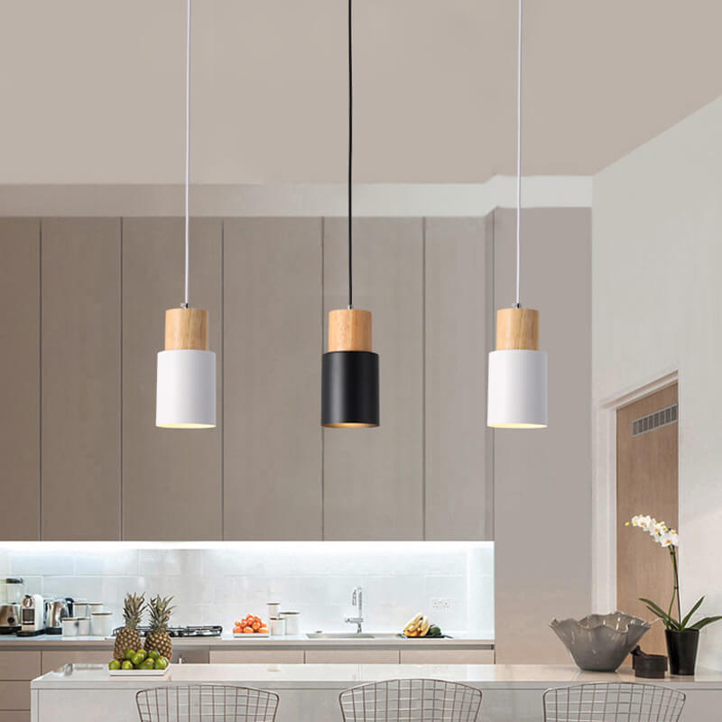 Lámpara Colgante Macaron Cilíndrica LED de Aluminio y Madera