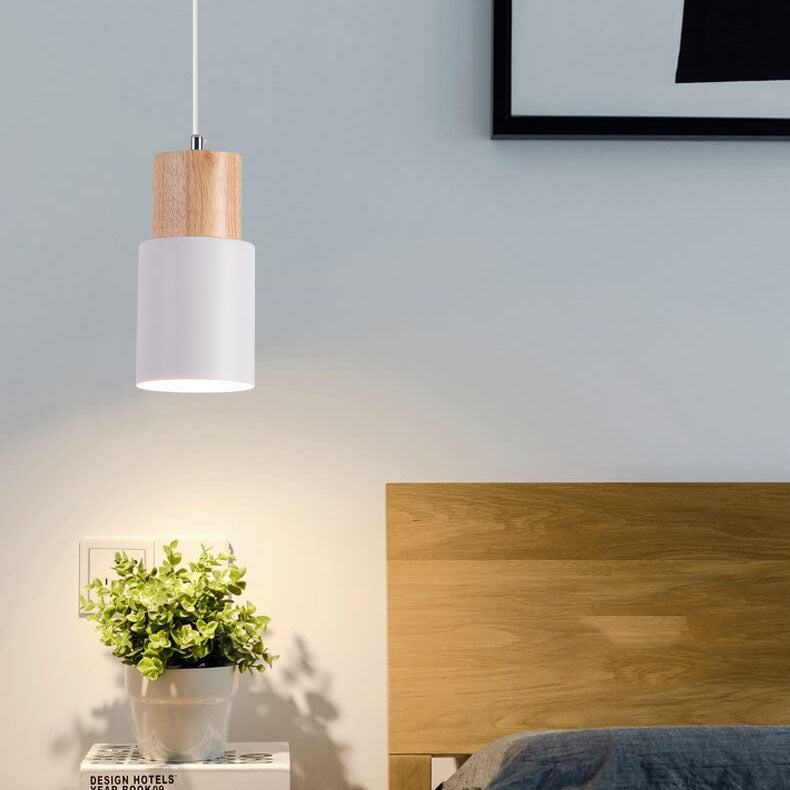 Lámpara Colgante Macaron Cilíndrica LED de Aluminio y Madera
