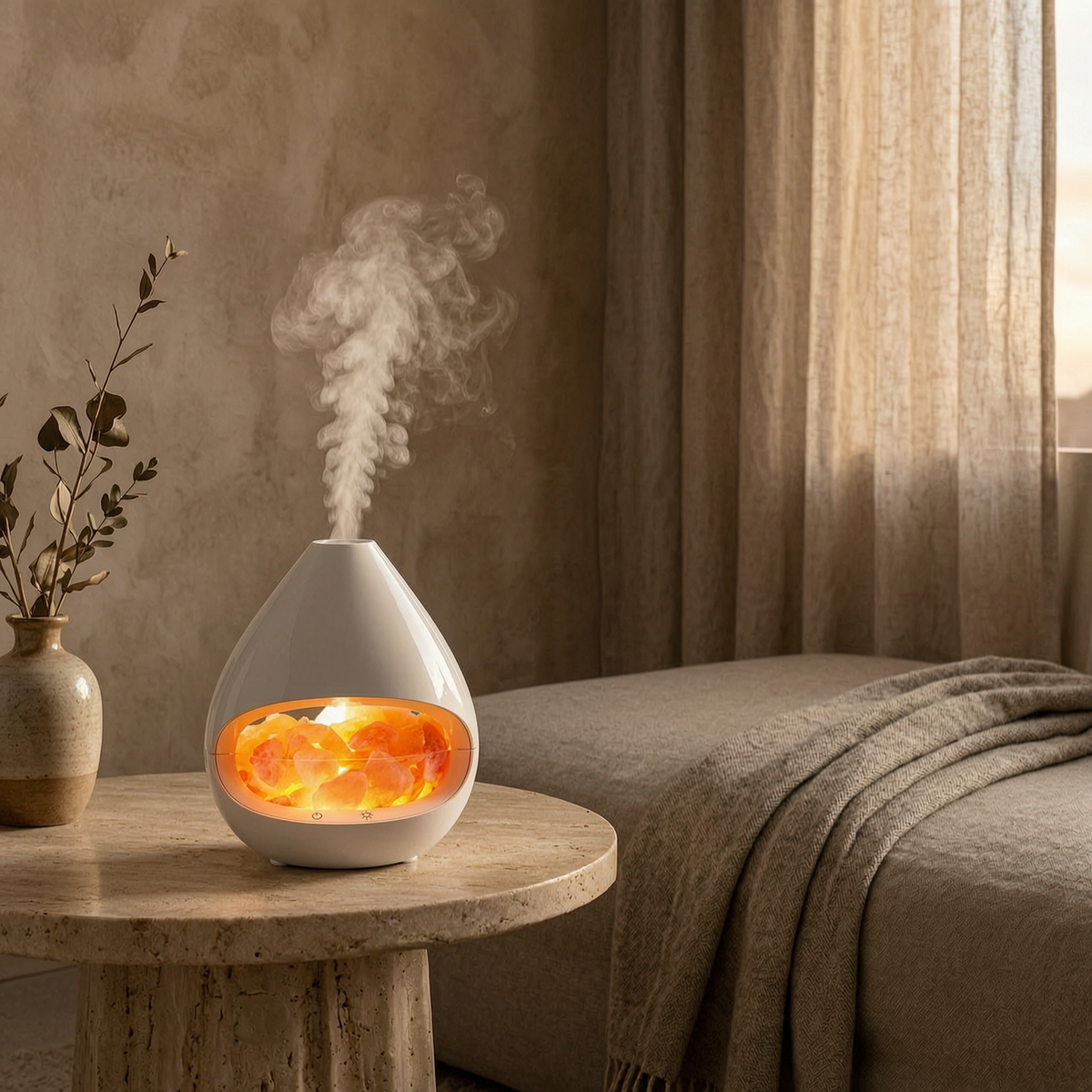 Lámpara difusora de sal del Himalaya encendida sobre mesa de travertino en un salón