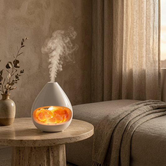 Lámpara difusora de sal del Himalaya encendida sobre mesa de travertino en un salón