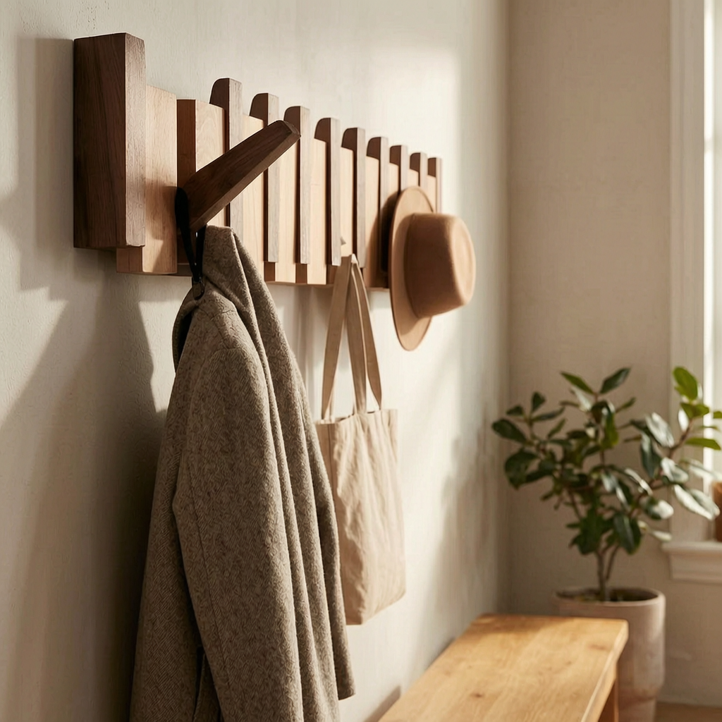 Perchero de pared de madera estilo piano con abrigo y sombrero