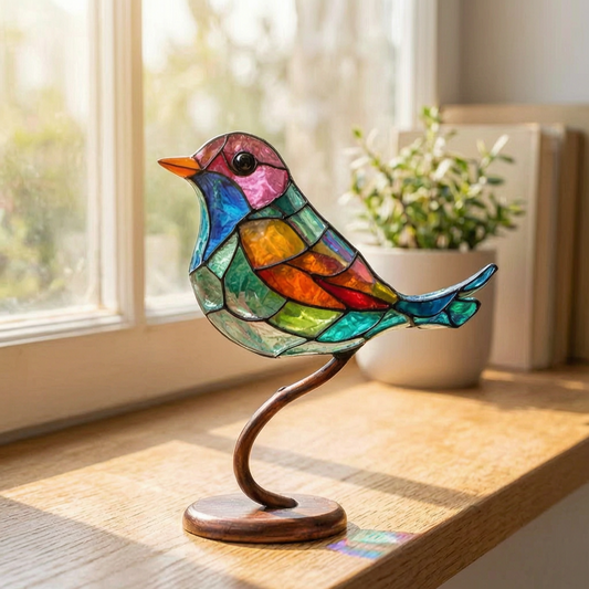 Escultura de pájaro de vidrio de colores junto a la ventana