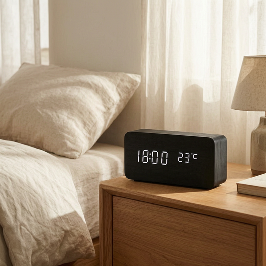 Reloj despertador LED de madera en una mesilla de noche