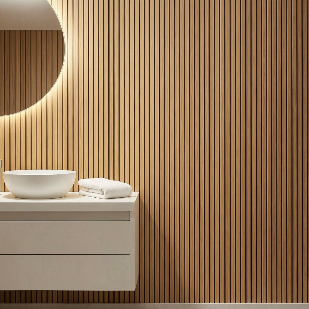 Paneles de pared 3D efecto madera instalados en un baño