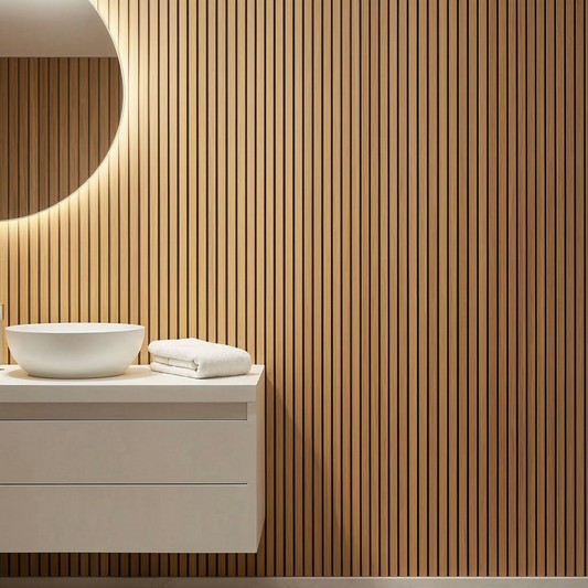 Paneles de pared 3D efecto madera instalados en un baño