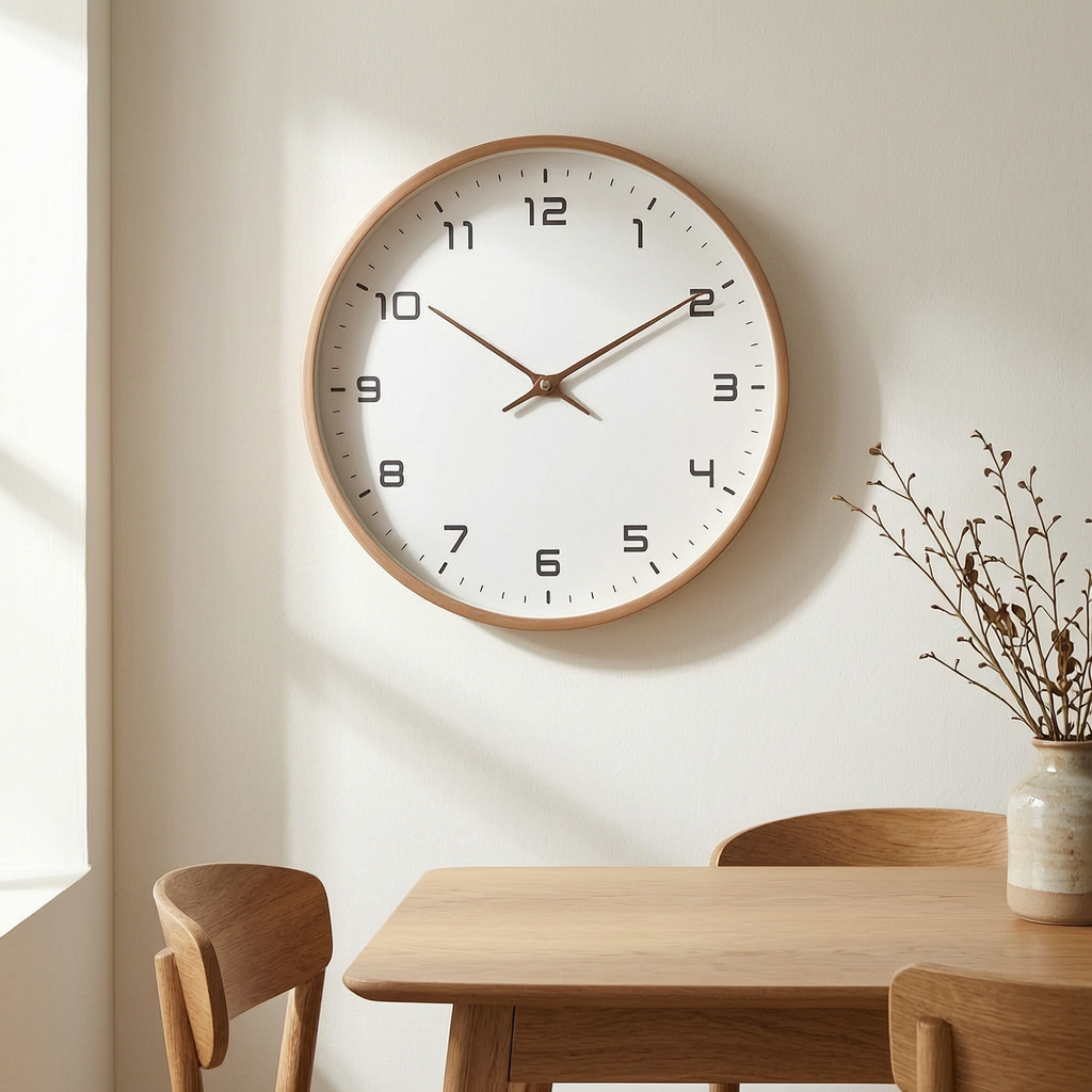 Reloj de pared de madera silencioso sobre una mesa de comedor