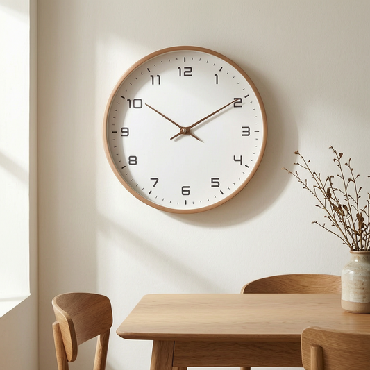 Reloj de pared de madera silencioso sobre una mesa de comedor