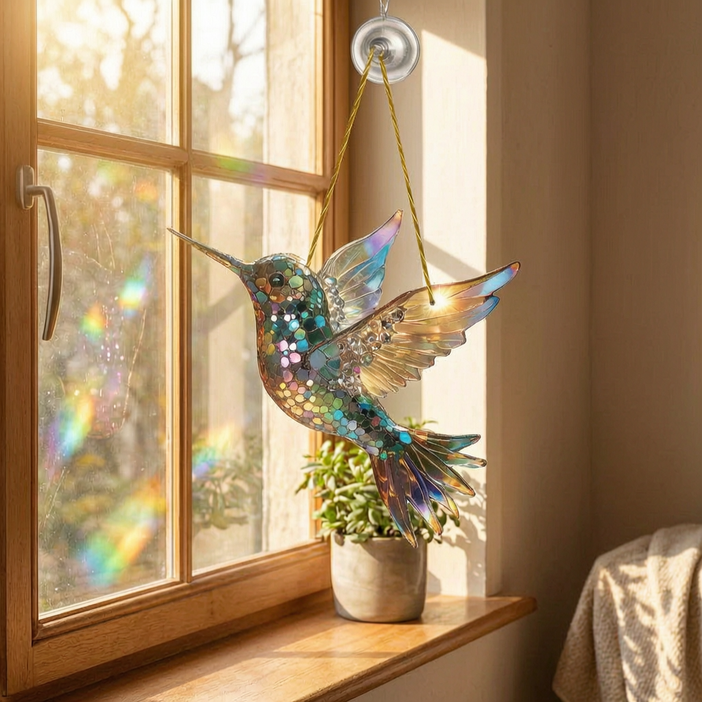 Atrapasol de colibrí en la ventana del salón