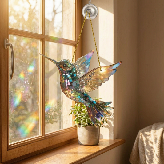 Atrapasol de colibrí en la ventana del salón