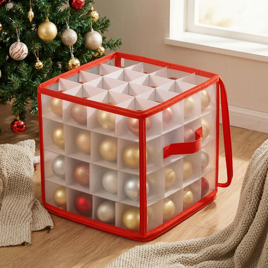 Caja organizadora transparente con adornos navideños