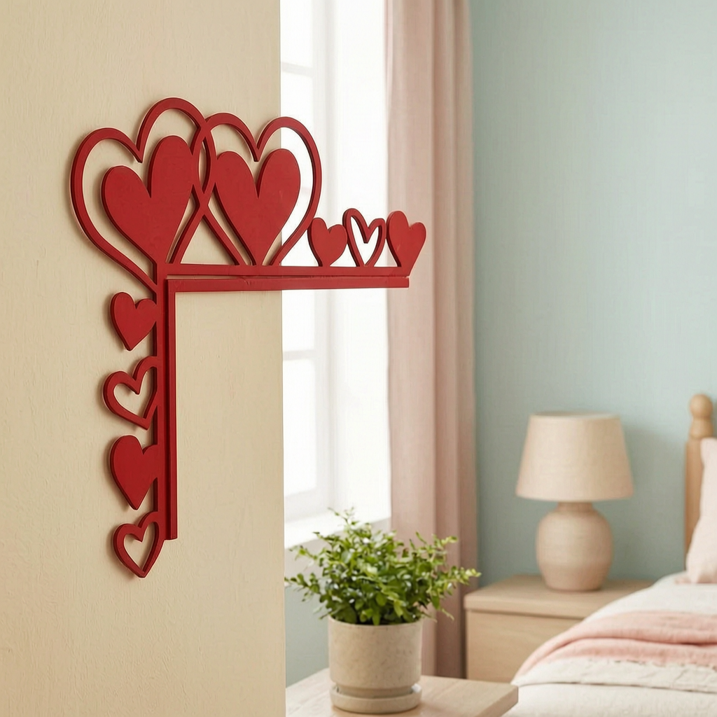 Espejo adhesivo en forma de corazón en la pared del dormitorio