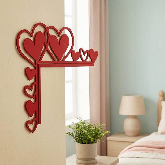 Espejo adhesivo en forma de corazón en la pared del dormitorio