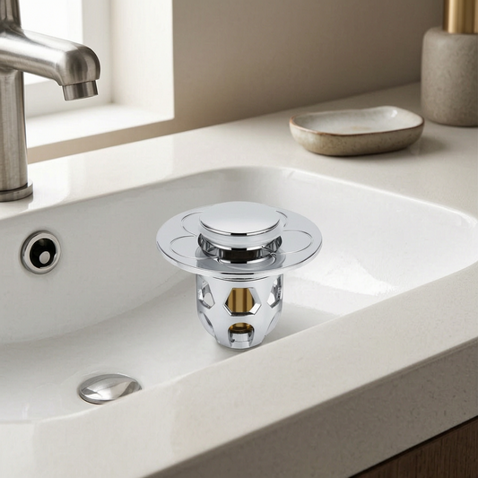 Tapón de desagüe de acero instalado en un lavabo