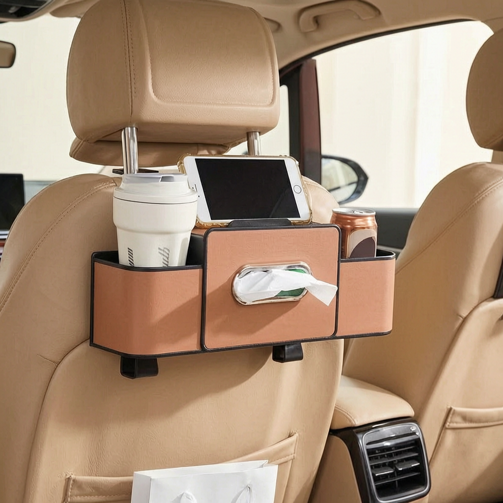 Organizador de asiento con portavasos en el coche