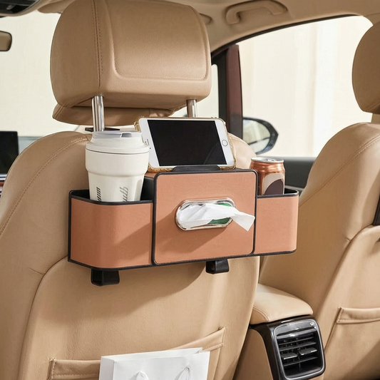 Organizador de asiento con portavasos en el coche