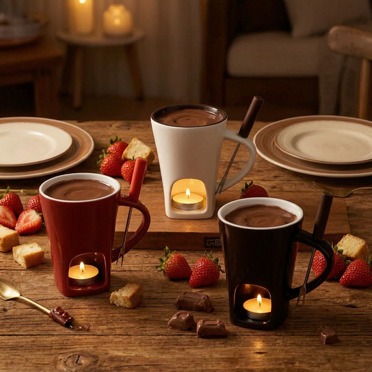 Juego de fondue de cerámica con chocolate en la mesa