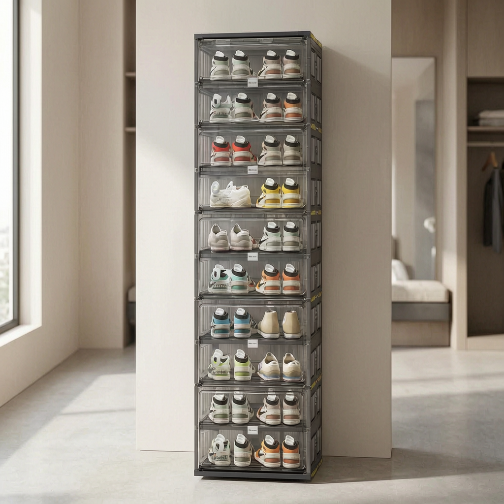 Organizador de calzado apilable con cajas transparentes en el vestidor