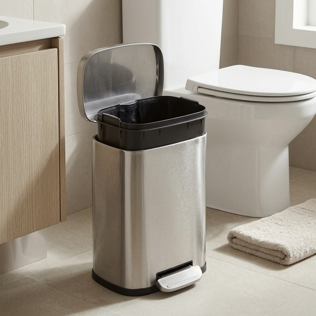 Cubo de basura de acero con pedal en el baño
