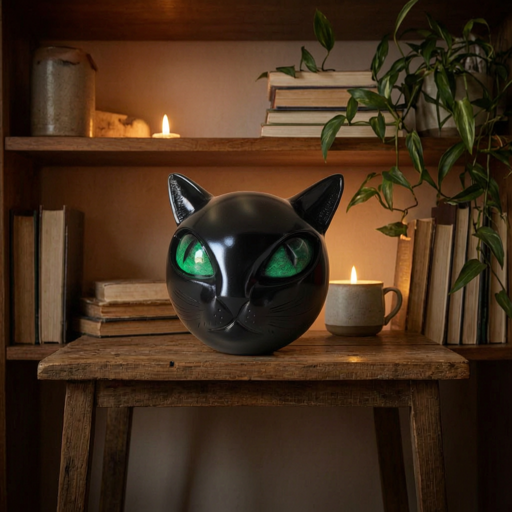 Escultura de cabeza de gato en una estantería