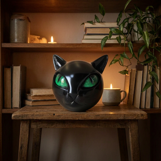 Escultura de cabeza de gato en una estantería