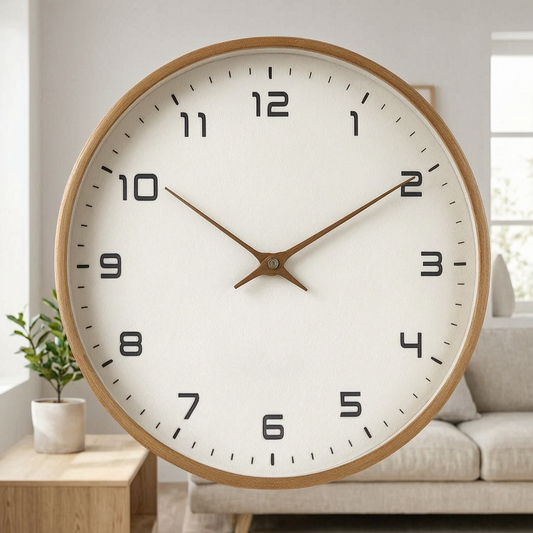 Reloj de pared minimalista de madera en el salón