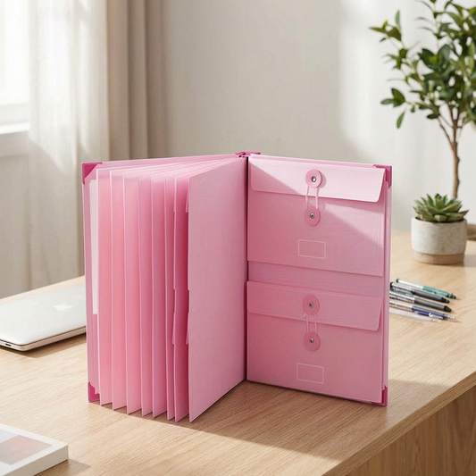 Organizador de carpetas rosa en un escritorio