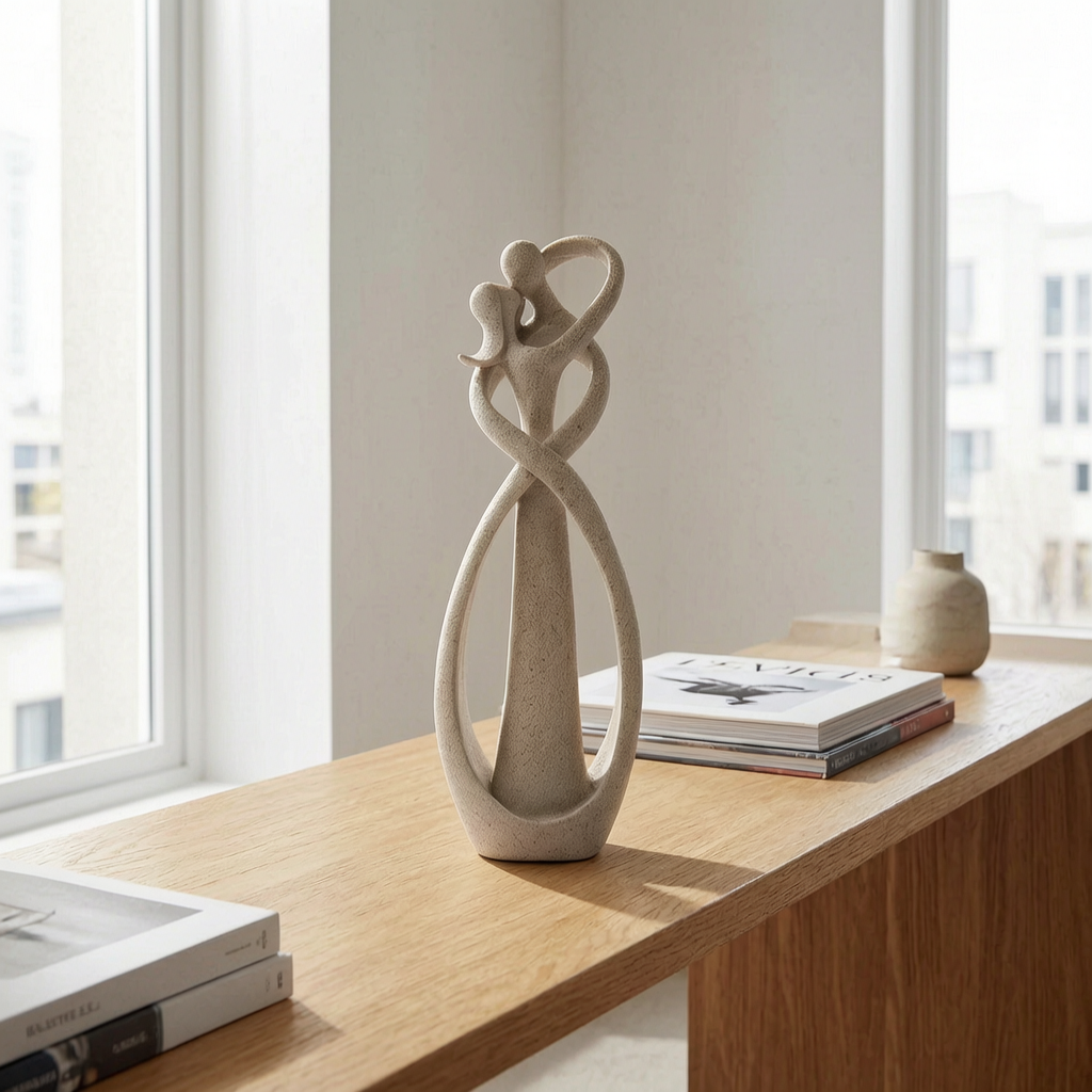 Escultura abstracta de pareja en una consola