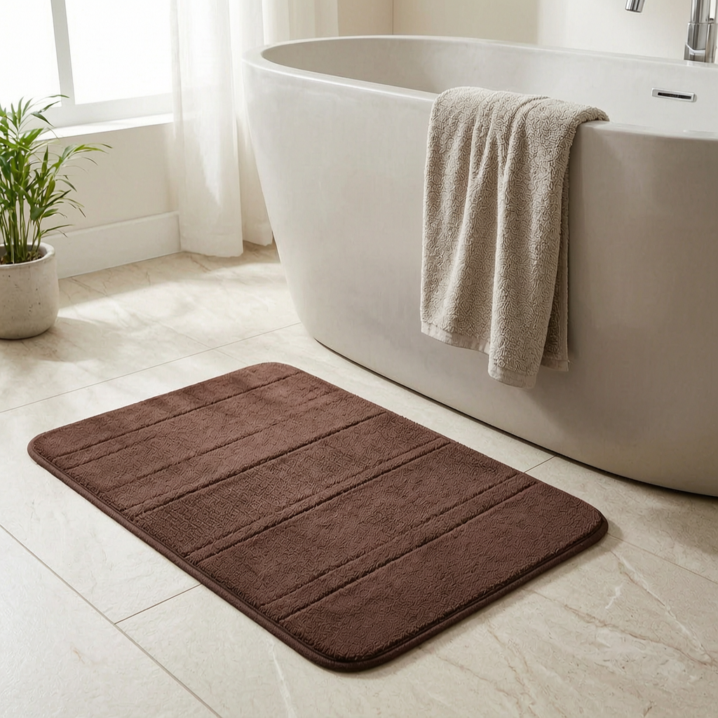 Alfombrilla de baño suave junto a la bañera
