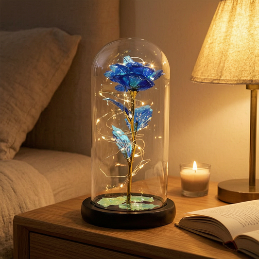 Rosa decorativa en cúpula de vidrio en el dormitorio