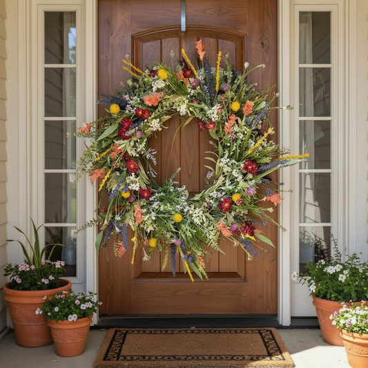 Corona de flores de primavera en la puerta principal