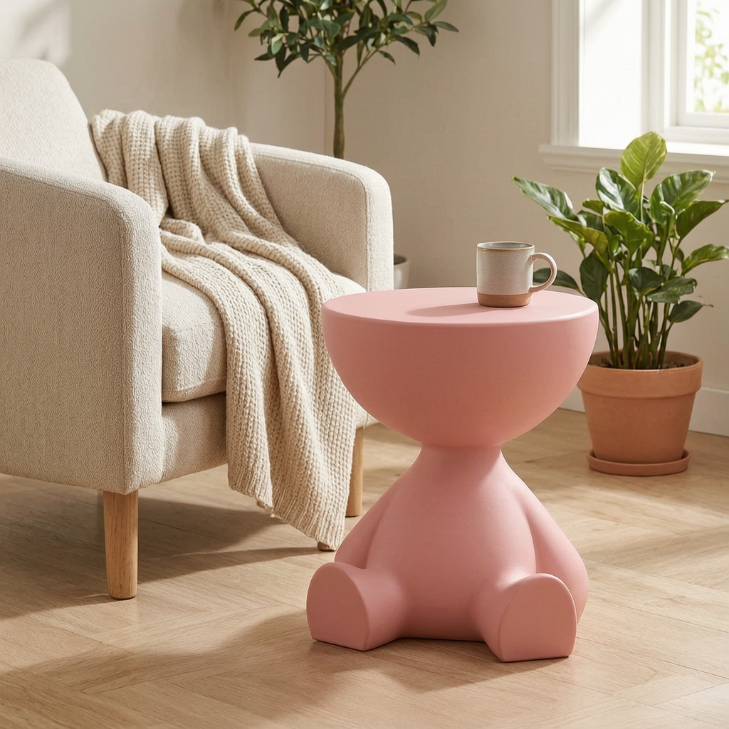 Mesa auxiliar con forma de oso junto a un sillón