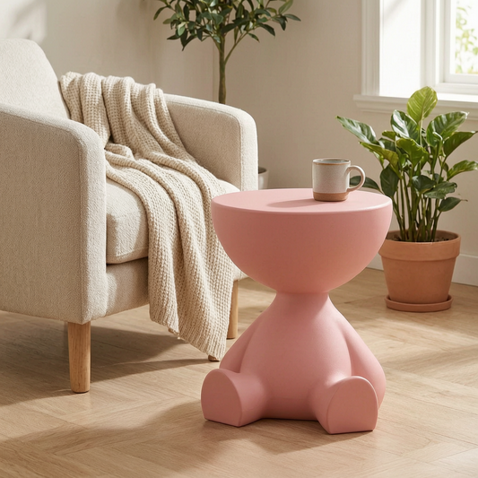 Mesa auxiliar con forma de oso junto a un sillón