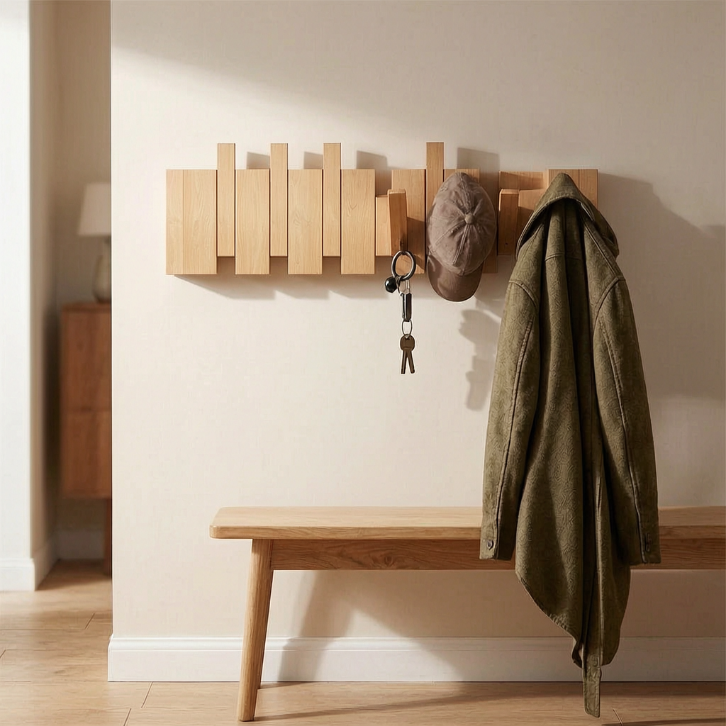 Ganchos de pared de madera estilo teclas de piano en la entrada