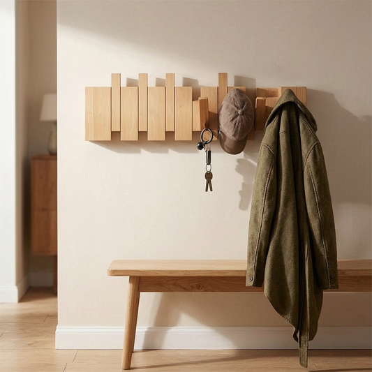 Ganchos de pared de madera estilo teclas de piano en la entrada