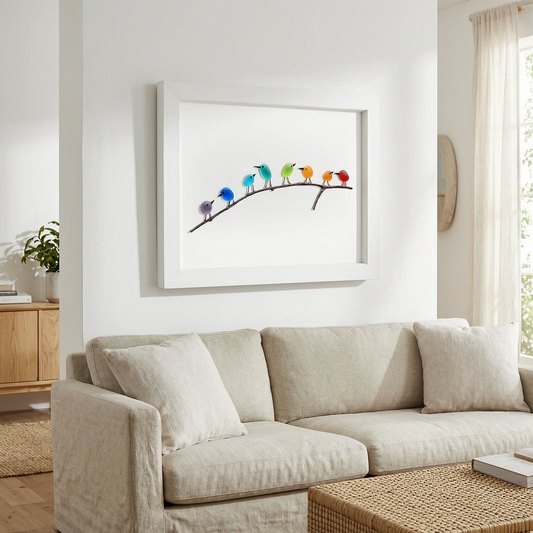 Cuadro costero con vidrio marino y madera en el salón