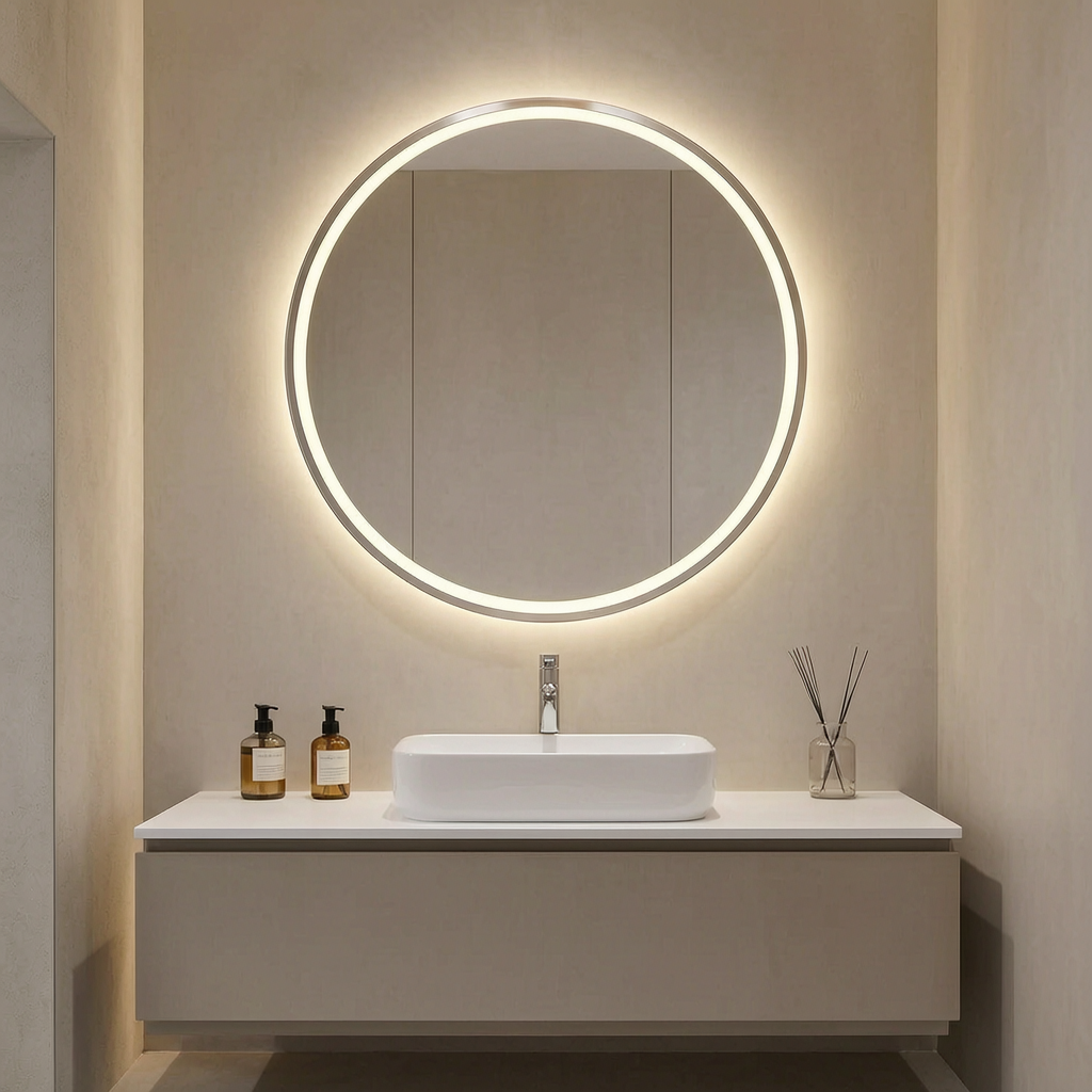 Espejo de baño LED redondo LuvoRound sobre un lavabo