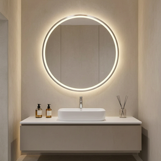 Espejo de baño LED redondo LuvoRound sobre un lavabo