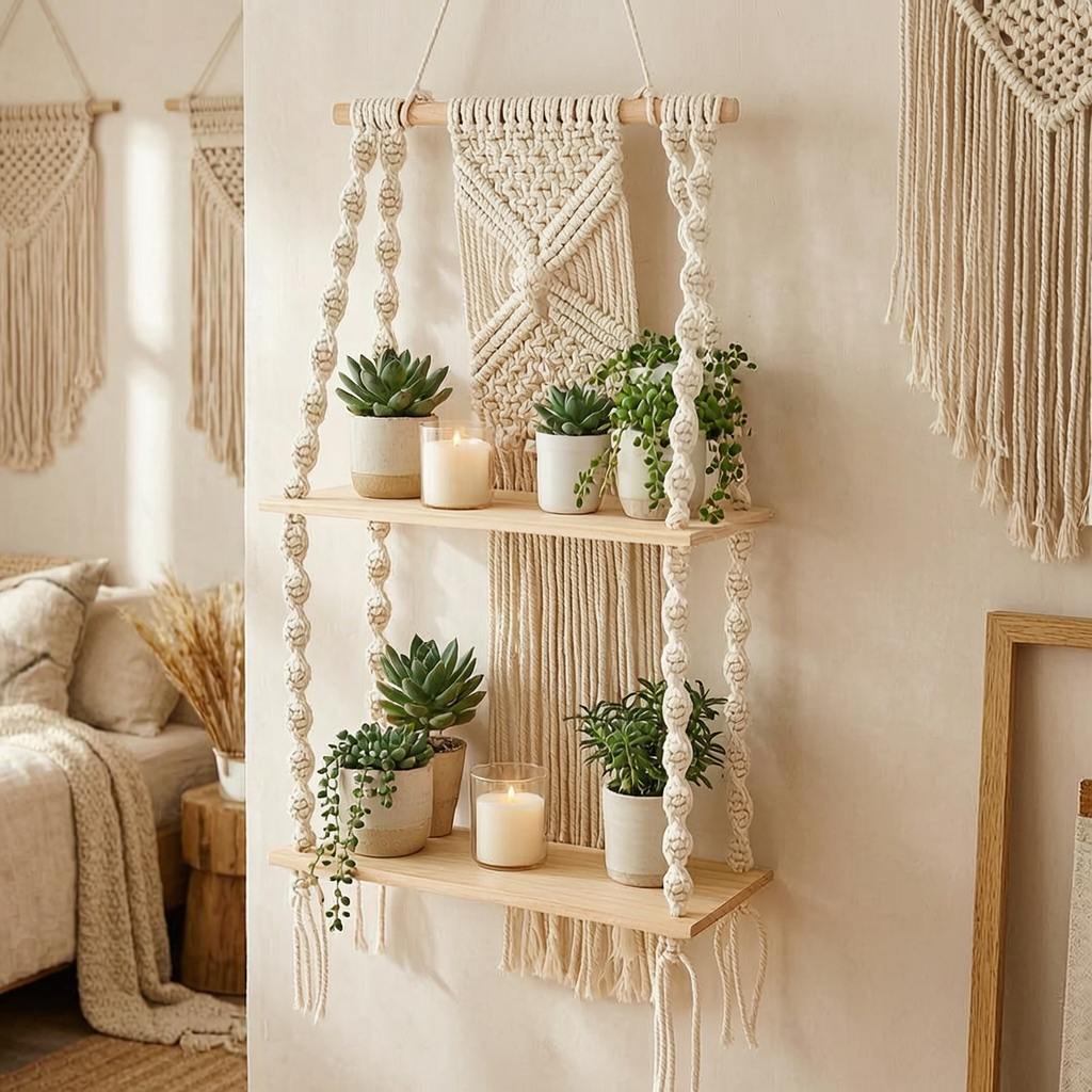 Estante colgante de macramé con plantas