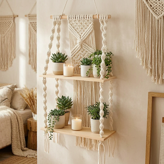 Estante colgante de macramé con plantas