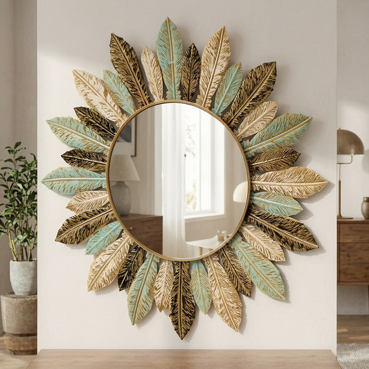 Espejo de pared bohemio con hojas en el recibidor