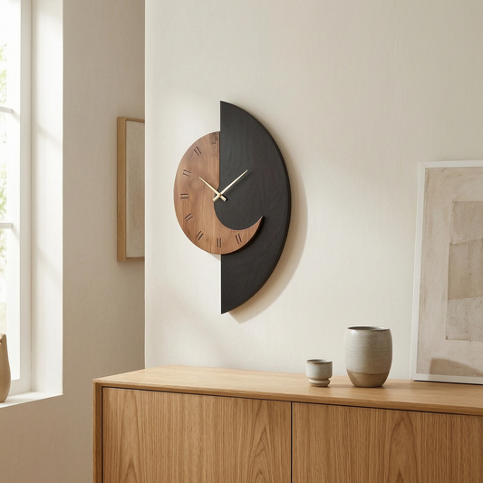 Reloj de pared de madera en forma de media luna